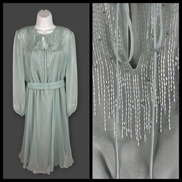 Vintage Jack Bryan 1970s Gray Green Chiffon Beaded Cloud Puff Dress Size 4 XS/S - Picture 1 of 11